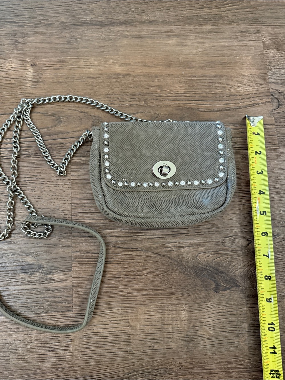 Stud-Trim Taupe Crossbody Bag with Chain Strap